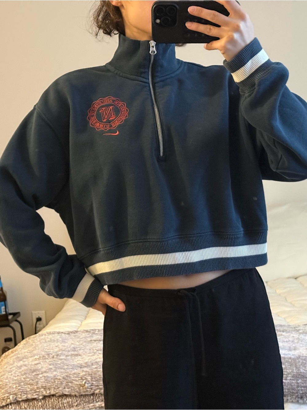 Nike Navy Cropped Half-Zip Sweater with Red Crest and White Stripes